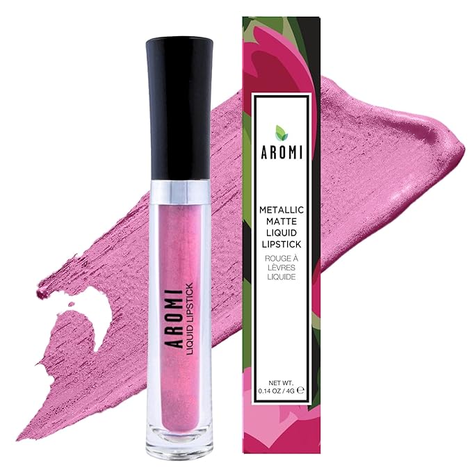 Aromi Light Pink Metallic Matte Liquid Lipstick | Rosy Lip Color with Shimmery Finish for Women, Long-Lasting, Vegan, Waterproof (Cotton Candy)