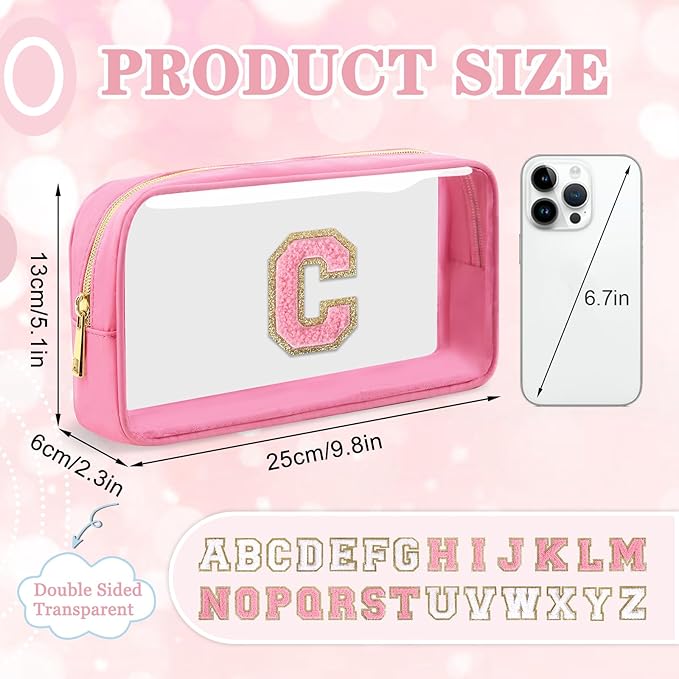 Small Clear Personalized Initial Makeup Bag,Nylon Preppy A-Z Chenille Letter Patch Cosmetic Pouch Beach Toiletry Bag,Waterproof Zipper Travel Purse Storage Bag Organizer for Women Girls(Pink-Pink C)