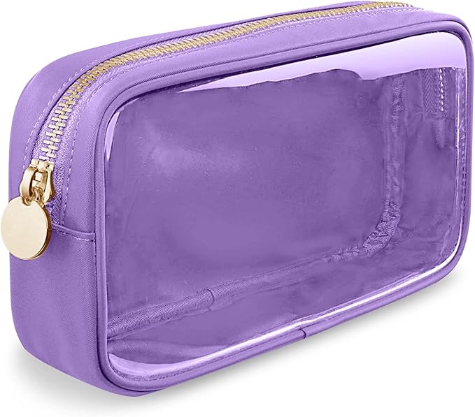Small Clear Travel Makeup Organizer Bag for Purse, Cute Makeup Bag Preppy Cosmetic Zipper Pouch Purse, Transparent PVC & Nylon Waterproof Make Up Brush Bag Toiletry Storage for Women Girls(Purple)