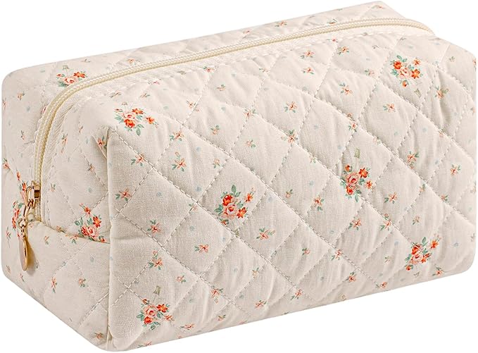 JOVAKIT Square Makeup Bag Cute Cosmetic Bag for Women, Floral Coquette Aesthetic Toiletry Bag, Zipper Make Up Pouch, Travel Make Up Organizer Bag (White Small Flower)