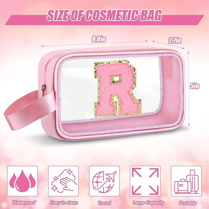 Initial Makeup Bag,Letter R Cute Clear Monogrammed Cosmetic Travel Bag for Womens Girls,Personalized Pink Aesthetic Traveling Make Up Organizer Bag for Beach,Waterproof Toiletry Bag