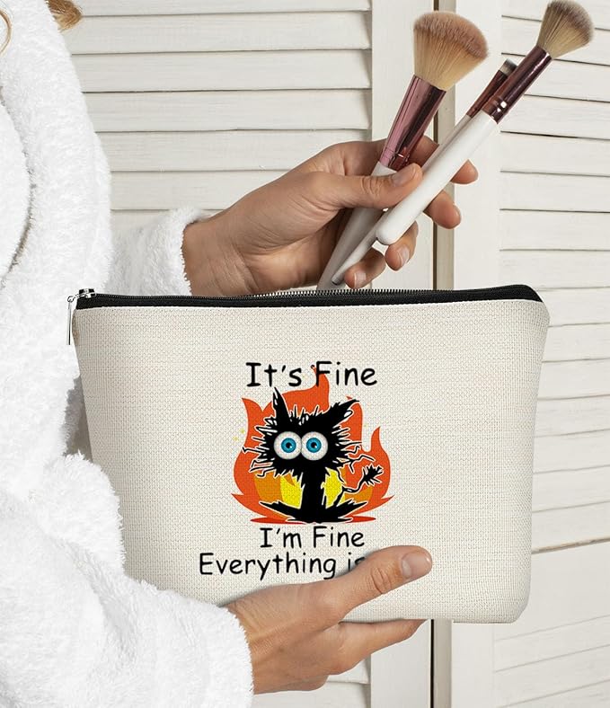 Funny Cute Cat Makeup Bag,Its Fine Im Fine Everythings Fine,Black Cat Cosmetic Bag,Fire Keep Calm Small Pouch,Birthday Gift,Coworker Gifts,Cat Lover Gifts for Women