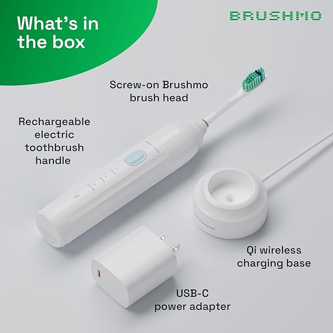 Brushmo e-Series Electric Sonic Toothbrush - Rechargeable Screw-On Electronic Tooth Brush for Adults with 3 Modes & Timer - IPX7 Waterproof, Long-Lasting Battery & Wireless Charging Base - White