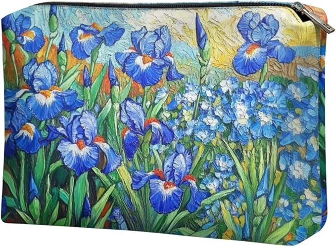 COEQINE Leather Cosmetic Purses for Women Wedding Floral Makeup Bag Organizer Portable Travel Lisptic Pouch With Zipper Womens Evening Wedding Party Cosmetic Purse Wallet,Iris Floral Art Print