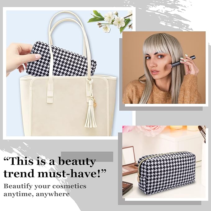 Nylon Small Makeup Bag for Purse, Cute Makeup Pouch Bag Preppy Cosmetic Zipper Pouch Purse, Portable Travel Toiletry Bag Clutch Makeup Brush Bag Organizer Storage for Ladies Girls(Black Houndstooth)