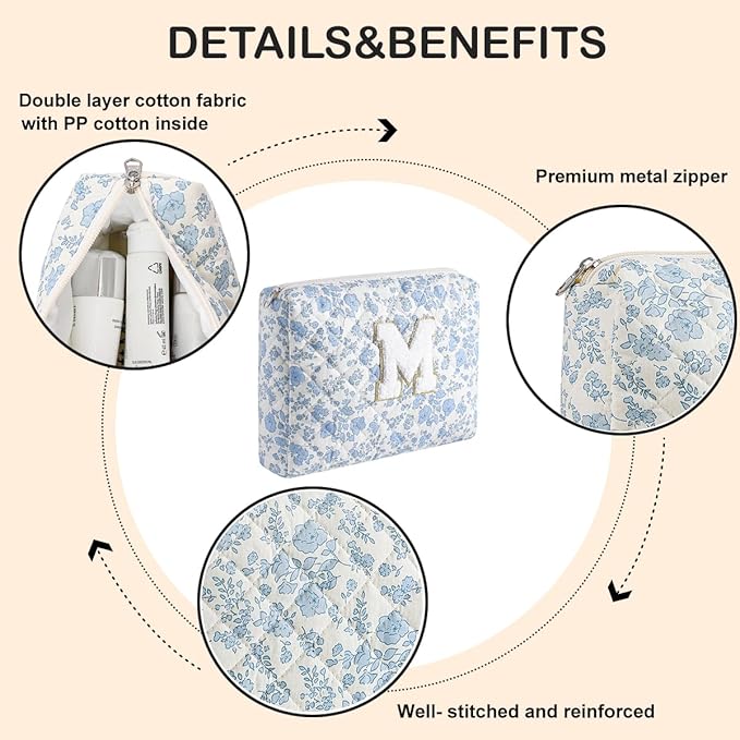 Alphabet Makeup Bag Cosmetic Bag for Women, Christmas Gifts for Age 11-18, Personalized Floral Coquette Travel Bag, Trendy Stuff Zipper Make Up Pouch Organizer Bag (Blue Floral M)