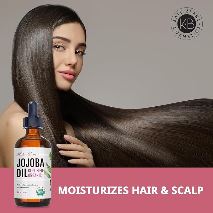 Kate Blanc Cosmetics Organic Jojoba Oil for Hair, Skin & Face (2oz, 100% Pure Cold Pressed, Natural). Gua Sha Oil for Face & Dermaplaning