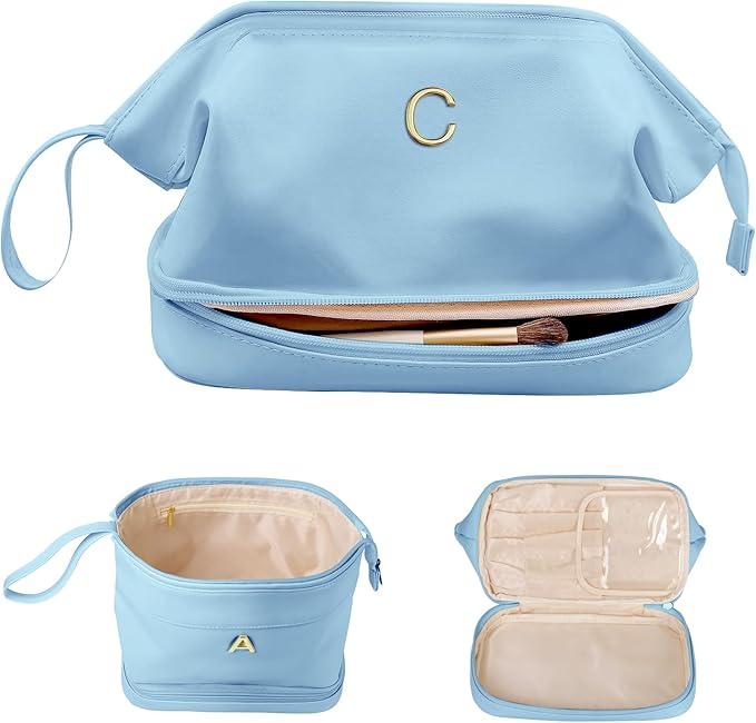 Daughter Birthday Gifts, Initial Makeup Bag, Personalized Double Layer Cosmetic Bag with Makeup Brush Organizer, 10 11 12 13 14 15 16 18 19 Year Old Girl Birthday Gifts, Gift for Wife