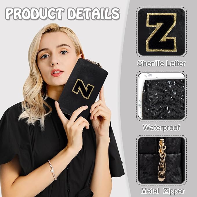 Small Initial Preppy Makeup Bag Cosmetic Case, Personalized Cute Black Chenille Letter Travel Toiletry Zipper Pouch, Waterproof PU Leather Make Up Organizer Gifts for Women Girl Female Mom(Letter Z)