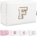 Personalized Initial Letter Makeup Bag, Preppy Glitter Letter Patch Cosmetic Pouch Zipper,PU Waterproof Travel Toiletry Bag Cute Makeup Organizer Monogrammed Make Up Bag,Gift for Women Girls(Letter F)