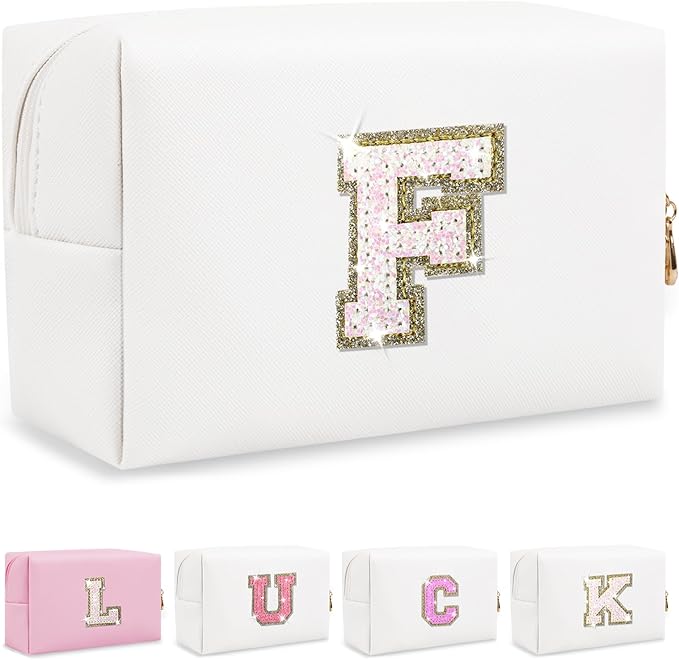 Personalized Initial Letter Makeup Bag, Preppy Glitter Letter Patch Cosmetic Pouch Zipper,PU Waterproof Travel Toiletry Bag Cute Makeup Organizer Monogrammed Make Up Bag,Gift for Women Girls(Letter F)