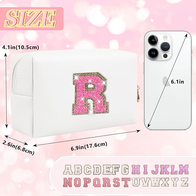 Personalized Initial Letter Makeup Bag, Small Glitter Letter Patch Cosmetic Pouch Zipper, Preppy Makeup Organizer PU Waterproof Travel Toiletry Bag, Monogrammed Birthday Gift for Women Girls