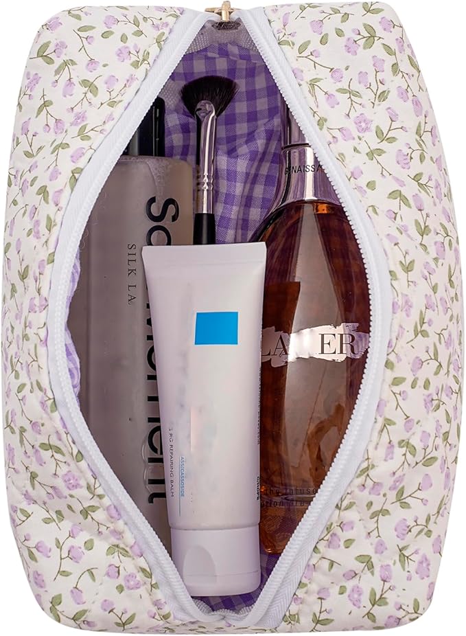 JOVAKIT Square Makeup Bag Cute Cosmetic Bag for Women, Floral Coquette Aesthetic Toiletry Bag, Zipper Make Up Pouch, Travel Make Up Organizer Bag (Purple Floral)