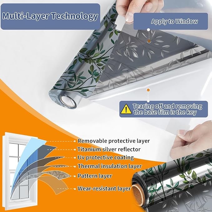 One Way Privacy Film, Window Tint for Home,Daytime Reflective, Anti UV Static Cling Sliding Door Coverings No Glue Garage Solar Paper (Silver-Leaves, 23.6 x 78.7 in)