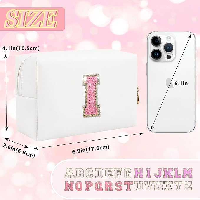 Initial Letter Patch Makeup Bag, Small Preppy A-Z Glitter Letter Cosmetic Bag, PU Leather Waterproof Travel Toiletry Bag, Cute Make Up Pouch Personalized Monogrammed Gift for Women Teen Girls
