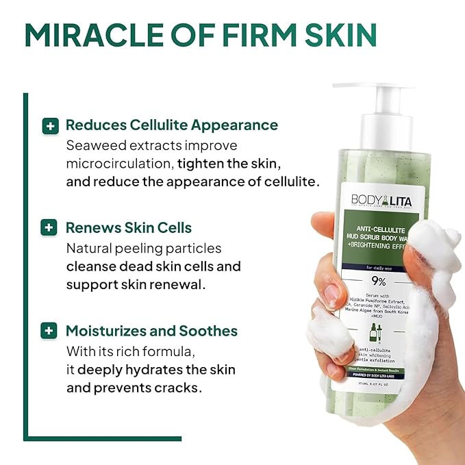 Complete Rejuvenating Shower Routine, Body Renewal Set with Double-Sided Exfoliating Pad, Anti Cellulite Scrub and Multi-Peptide Body Wash, Smooth, Firm, Youthful Skin