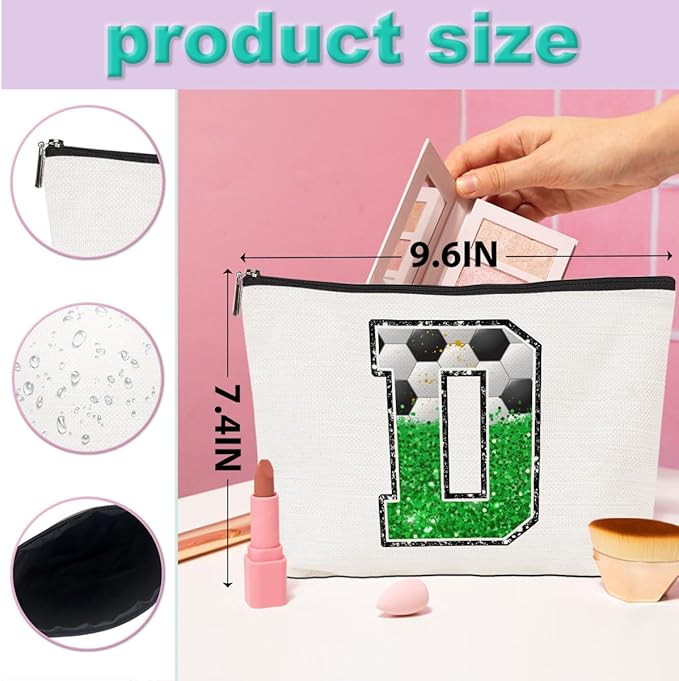 Soccer Gifts Initial Makeup Bag Monogrammed Cosmetic Bag Letter D Zipper Pouch Soccer Accessories for Girls Women Soccers Player Coach Friend Soccers Stuff Graduation Birthday Gifts