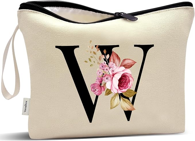 Vavabox A-Z Personalized Makeup Bag, Birthday Gifts for Women Mom, Gifts for Best Friend, Bride Bridesmaid Cosmetic bag (W, Yellow)