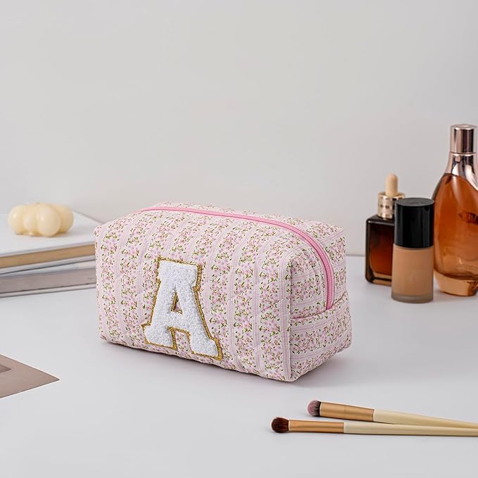 JOVAKIT Makeup Bag Cosmetic Bags for Women, Christmas Gifts for Girls Age 6-18, Alphabet Pink Floral Coquette Zipper Travel Makeup Pouch, Organizer Case Trendy Stuff (Pink Floral A)