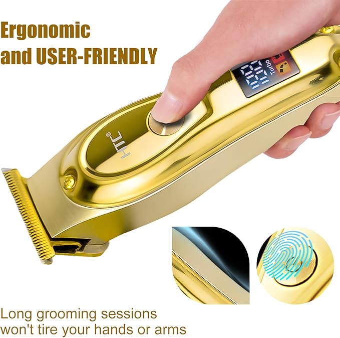 HTC Hair Clippers – Professional Cordless Rechargeable Hair Trimmer with Precision, Adjustable Speeds, and LED Display （Gold）