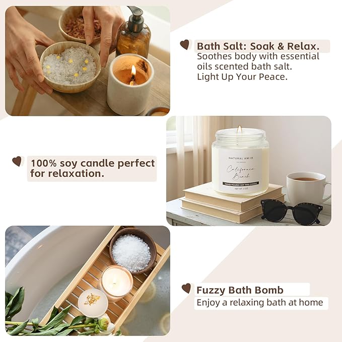 Natural Amor Handmade Spa Gift Set 6 pcs– Includes Citrus Bath Bomb, Lavender Hand Cream, Soap, Bath Salt, Candle – Relaxing Self-Care Kit for Women