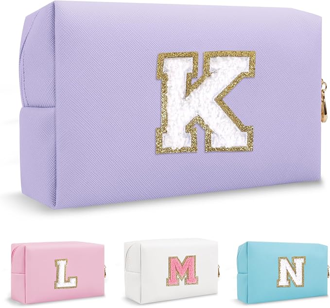 Personalized Small Preppy Makeup Bag, Chenille Letter Purple Initial Travel Toiletry Organizers Cosmetic Zipper Pouch Purse, Waterproof PU Make Up Case Travel Essentials for Women Friendship(Letter K)
