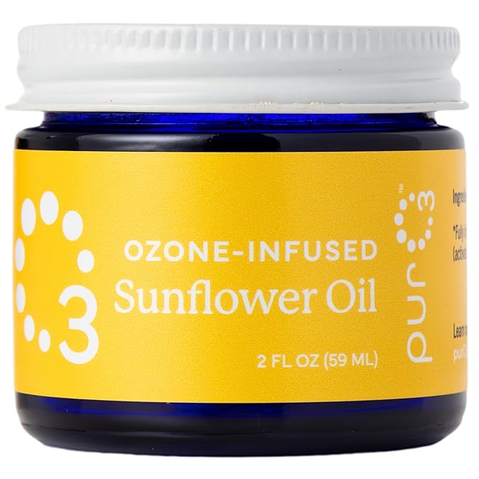 PurO3 Ozonated Sunflower Oil – Pure, Natural, Organic Skincare for Face & Body – Oxygenated Healing Lotion, Moisturizer & Beauty Cream in a Glass Jar – O3 Therapy Salve, 2 oz