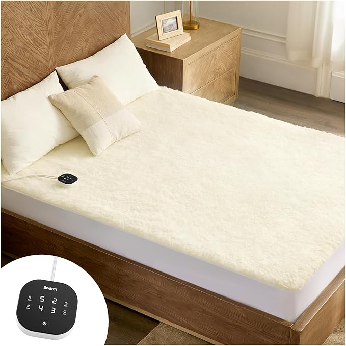 Bwarm Muilt-Zone Heated Mattress Pad Twin XL Wool Electic Mattress Pad, Touchscreen Bed Warmer with 9 Heat Settings, 1-12 Hours Auto Off Memory Deep Pocket,Machine Wash White Twin XL 39" x 80"