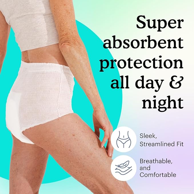 Because Adult Incontinence Underwear for Sensitive Skin - Women - Premium Overnight Disposable Briefs, Anti Odor - White, Small/Medium - Absorbs 6 Cups - 16 Count (Pack of 1)