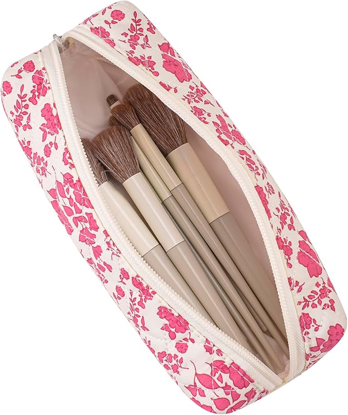 Cute Floral Cotton Makeup Brush Cosmetic Bag for Women, Travel Quilted Zipper Make Up Bag, Flowers Toiletry Organizer Case Kawaii Makeup Cosmetic Travel Cloth Pouch (Blue+Big Red Floral)
