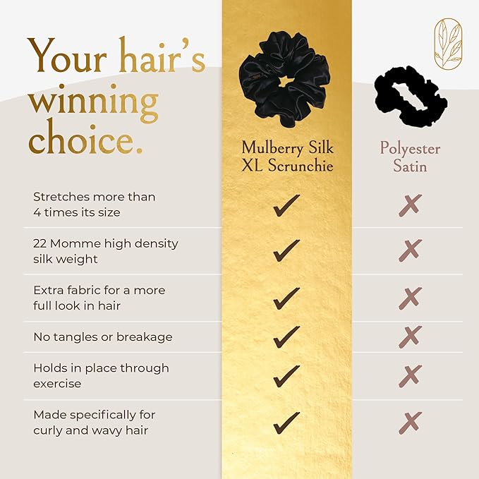 Silk Scrunchies for Women Ponytail Holders – Oversized Mulberry Silk Scrunchies – Extra Large No Damage Hair Ties for Curly, Thick, and Thin - Hair Accessories for Women – Black, XL By Curlfriend