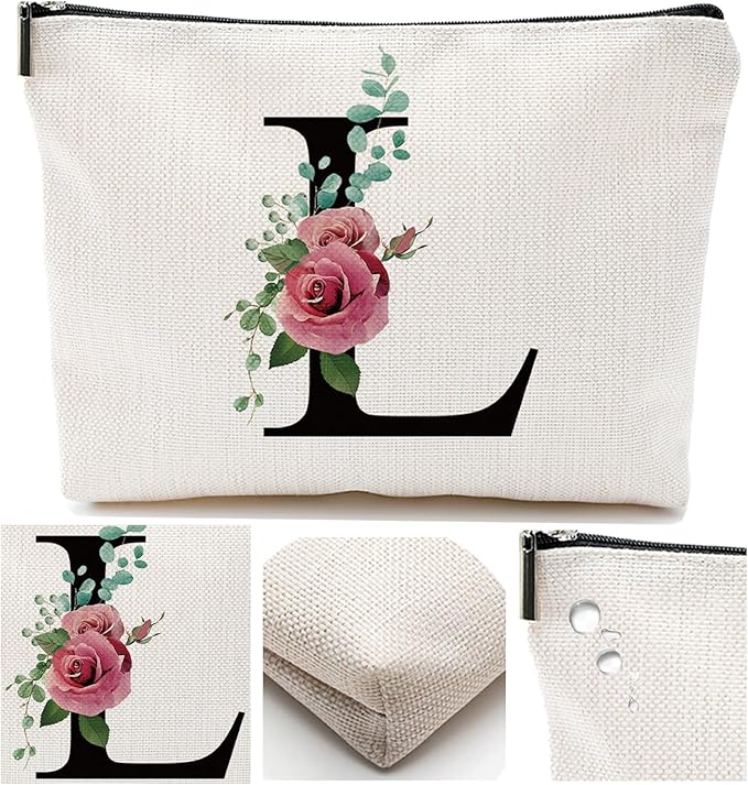 Initial A-Z Personalized Letter Makeup Bag, Monogrammed Bridesmaid Gifts/Presents Cosmetic Bag, Portable Stationery Storage Organizer Pouch, Friendship Love Travel Makeup Bags