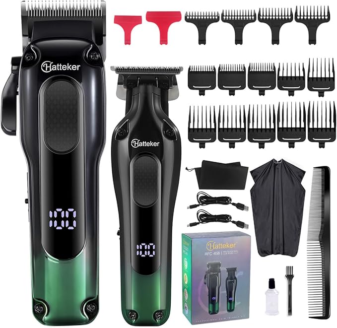 Hatteker Hair Clippers for Men Professional,Clippers and Trimmers Set T-Blade Barber Clippers Set Cordless Clippers Grooming Kit Rechargeable Beard Trimmers Type C Barbers Haircut Kit Green
