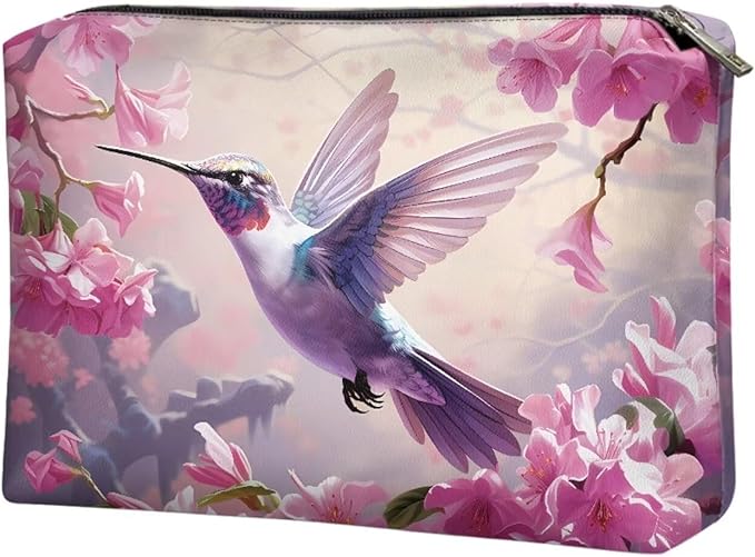 COEQINE Pink Makeup Bag for Women Leather Cosmetic Wallet Pink Hummingbirds Floral Print Cosmetic Purse for Wedding Birthday Party Cute Portable Cell Phone Case