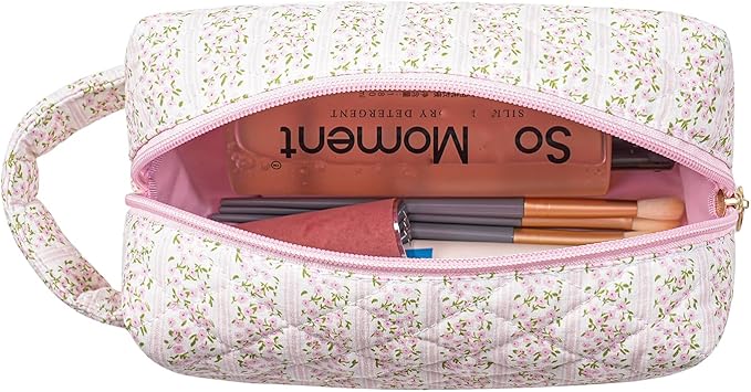 JOVAKIT Travel Makeup Bag Cosmetic Bag for Women, Christmas Gifts, Small Floral Flowers Coquette Toiletry Bag with Handle, Zipper Make Up Pouch Organizer Bag Trendy Stuff (Pink Floral)