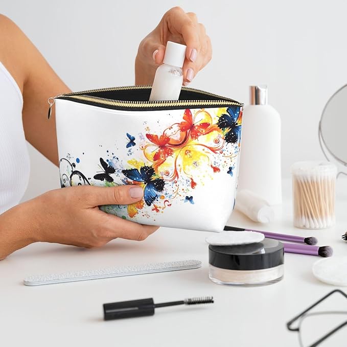 Womens Leather Makeup Bag Cosmetic Bag Travel Toiletry Bags Make Up Bags for Women Adult (Elegant Butterflies)