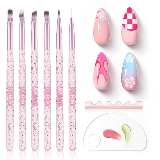 Beetles Gel Polish Nail Art Brushes Set - 6 Pcs Fingernail Art Design Pen, Floral Pattern Handle, Gradient Bristles Nail Brush Set DIY with Palette Dotting Manicure Tool Kit