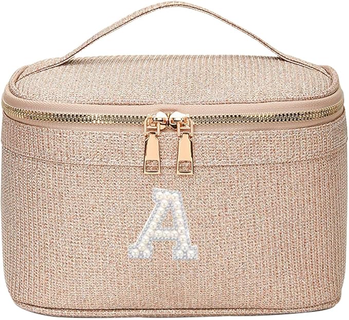 EURYNOME Sparkling Monogram Makeup Bag - Water-Resistant Travel Cosmetic Organizer (8.3x5.1x5.1 Inch) for Women, Custom Letter A Design
