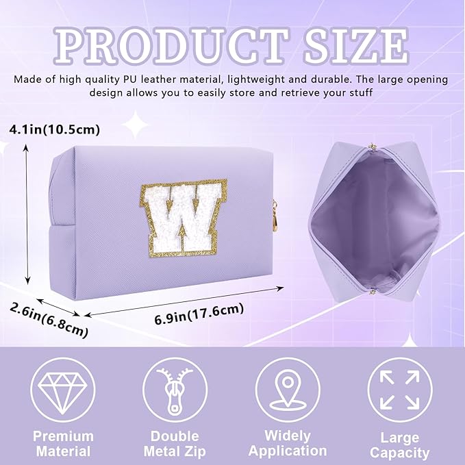 Iqimott Personalized Initial Letter Patch Makeup Bag, Preppy Small Chenille Letter Cosmetic Bag with Zipper, PU Leather Waterproof Travel Toiletry Bag Monogram Make Up Pouch for Women Girls(Letter W)