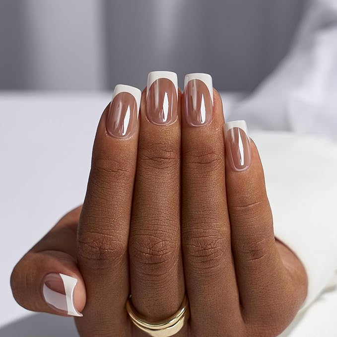 BTArtbox Press On Nails Short Square - White Chrome French Tip, Glazed Glue On, Natural Stick On in 15 Sizes - 30 Fake Nails Kit, Wheat