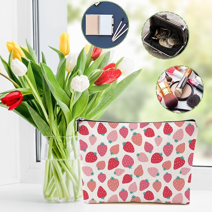 Cute Pink Strawberry Makeup Bag Retro Fruit Cosmetic Bag Friend Friendship Gifts for Women Girls Sister Bestie Coworker Travel Organizer Zipper Pouch Christmas Thanksgiving Birthday Gifts
