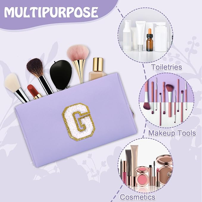 Personalized Initial Preppy Makeup Bag Organizer, Small Cute Purple Cosmetic Zipper Pouch Travel Toiletry Bag,Waterproof PU Monogram Make Up Storage Case Graduation Gifts for Teacher Friends(Letter G)