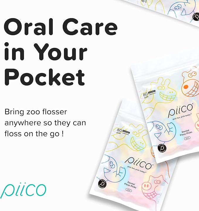 Piico Unflavored Kids Floss - No Fluoride Dual Line Dental Floss Picks - Fun Oral Care in Colorful Floss Sticks Design - Kids Flossers Avoid Tooth Decay & Gum Disease - 80 Count Zoo