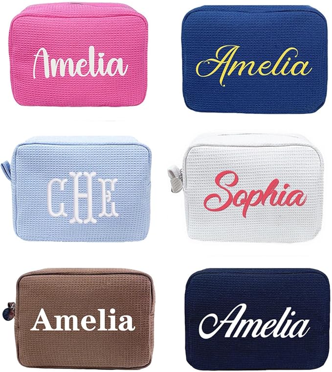 Personalized Embroidered Waffle Cosmetic Bags, Custom Thicken Beauty Makeup Packet Bag for Women Girls, Travel Makeup Pouch, Aesthetic Toiletry Case, Bridal Bridesmaid Party, Birthday, Wedding Gifts