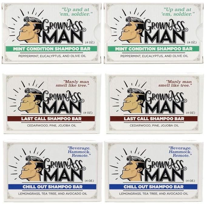 Grown Ass Man Co. - Solid Shampoo Bar Rich Lather 3 in 1: Hair, Beard & Body Wash - Plastic Free & Eco-Friendly, Natural & Organic Clean for All Hair Types, 4oz Bar (Variety, 6-Pack)