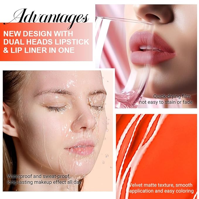 evpct 1Pcs Orange Red Matte Lip Liner & Liquid Lipstick Stain Makeup Set for Women, Orange Red Lip Liner Stain Long Lasting Waterproof Smudge Proof, Cruelty Free Lip Stick Makeup 24 hours originale 54