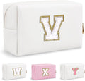 Personalized Initial Preppy Patch Makeup Bag, Travel Toiletry Zipper Pouch Cute White Cosmetic Organizer Small Makeup Bag for Purse, PU Chenill Letter Make Up Bags Gift for Friend Female(Letter V)