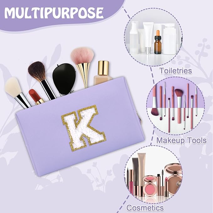Personalized Small Preppy Makeup Bag, Chenille Letter Purple Initial Travel Toiletry Organizers Cosmetic Zipper Pouch Purse, Waterproof PU Make Up Case Travel Essentials for Women Friendship(Letter K)