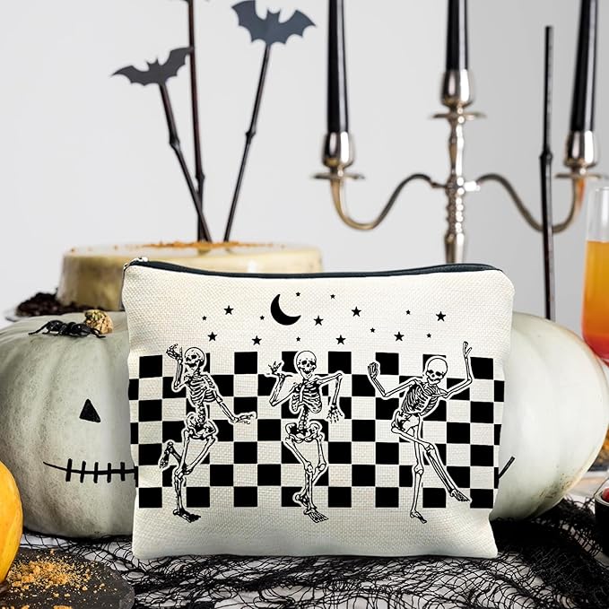 Funny Gothic Skeleton Makeup Bag - Halloween & Witchy Pouch for Women - Dark Academia & Horror Design (White)