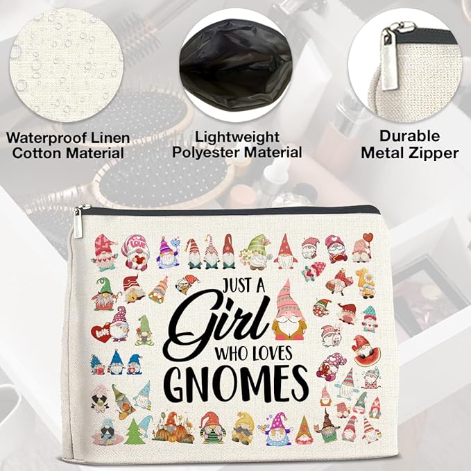 Gnome Lover Makeup Bag - Gifts for Women, Girl, Daughter, Sister, Bestie - Just a Girl Who Loves Gnomes Zipper Makeup Pouch